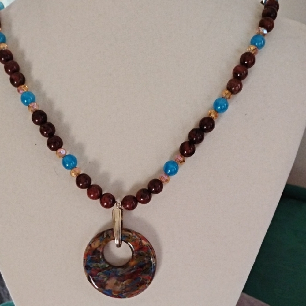 Hand Crafted Sesame Jasper Beaded Necklace With Artisan Glass Pendant